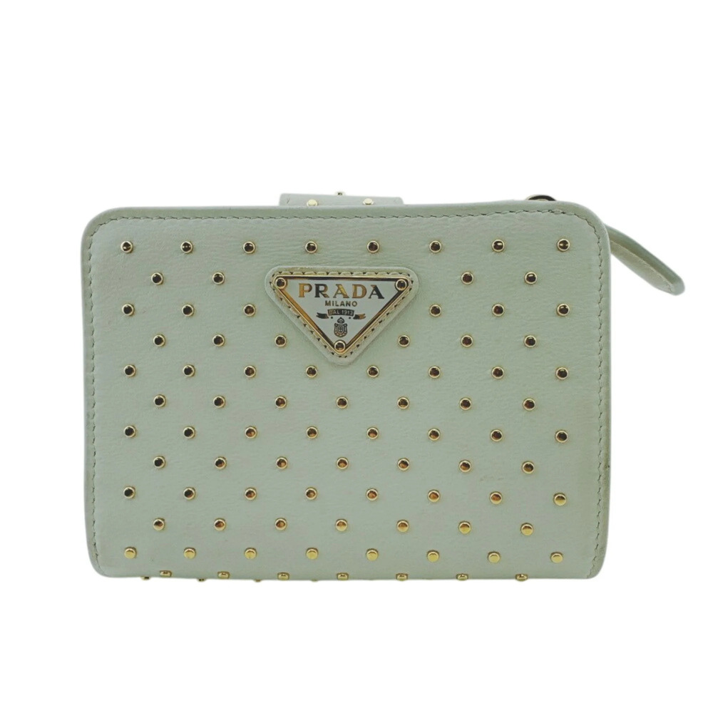 PRADA 1ML018 Studded Leather Compact Wallet with Triangle Logo Plate, Bi-fold...